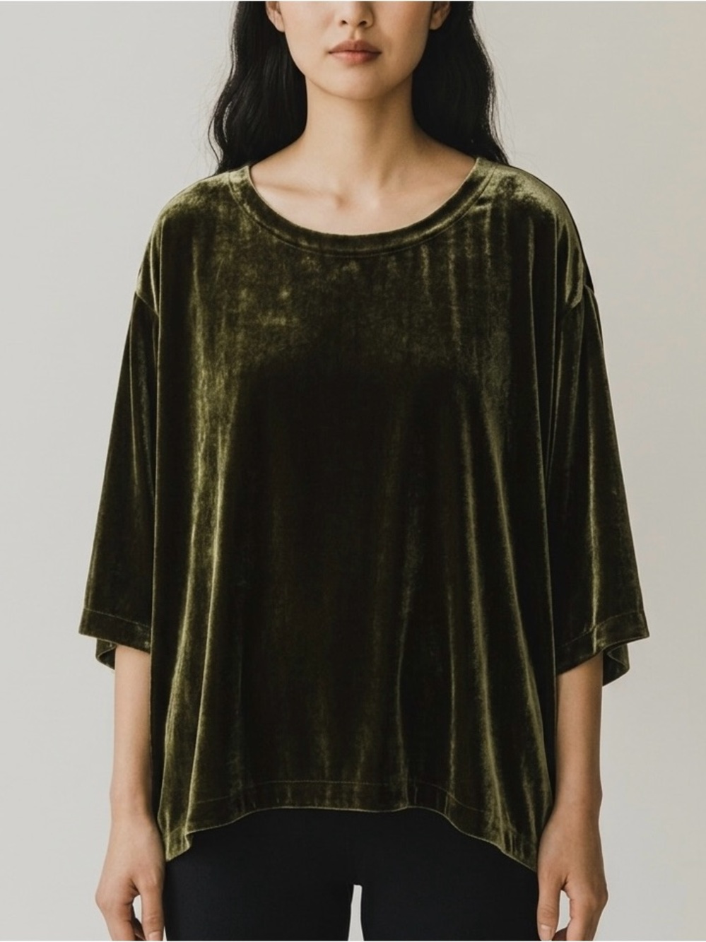Eileen Fisher Olive Silk Blend Velvet Boxy Tunic Top, 3/4 Sleeves - Extra Large